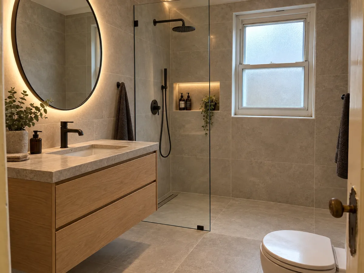 Old bathroom remodeled with new tiles, vanity and shower
