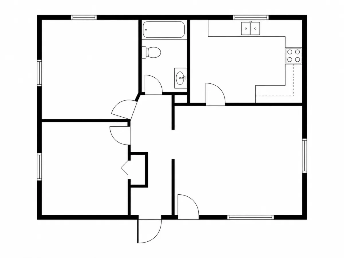 Schwarz-weißer 2D-Grundriss einer Zweizimmerwohnung