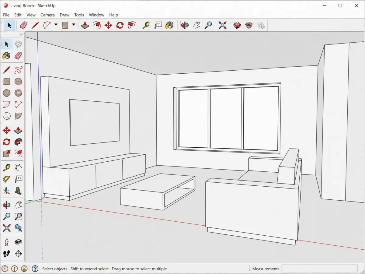 SketchUp style model of a living room turned into an evening render