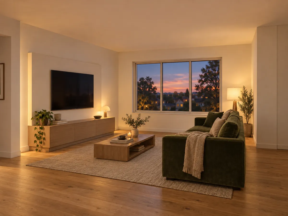 SketchUp style model of a living room turned into an evening render