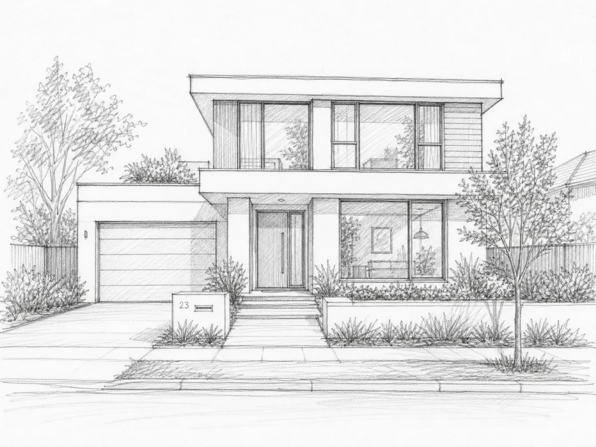 Pencil sketch of a house turned into a photoreal exterior at dusk
