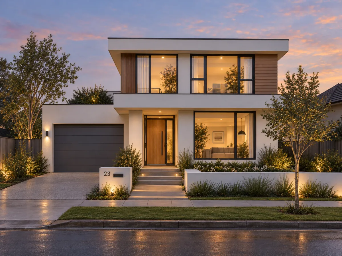 Pencil sketch of a house turned into a photoreal exterior at dusk