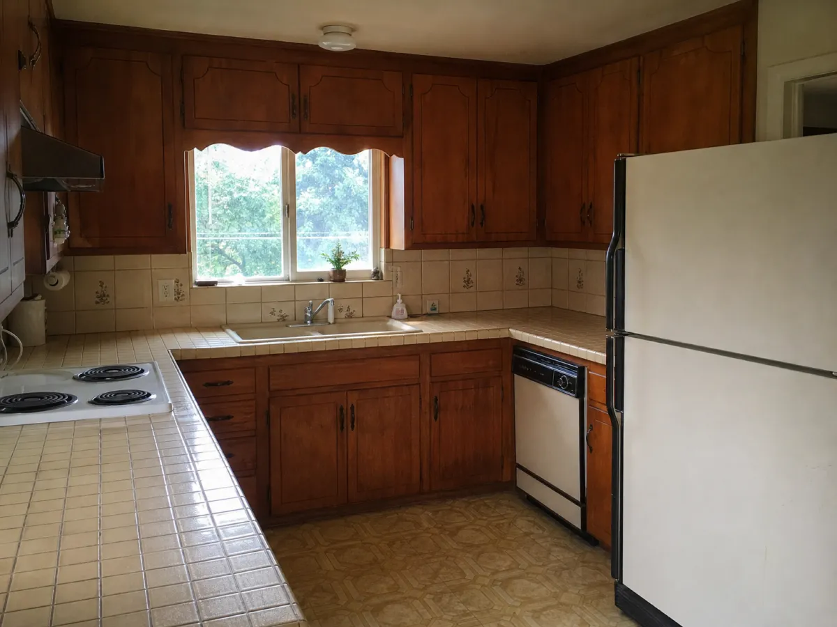 Dated kitchen photo remodeled with new cabinets and countertop