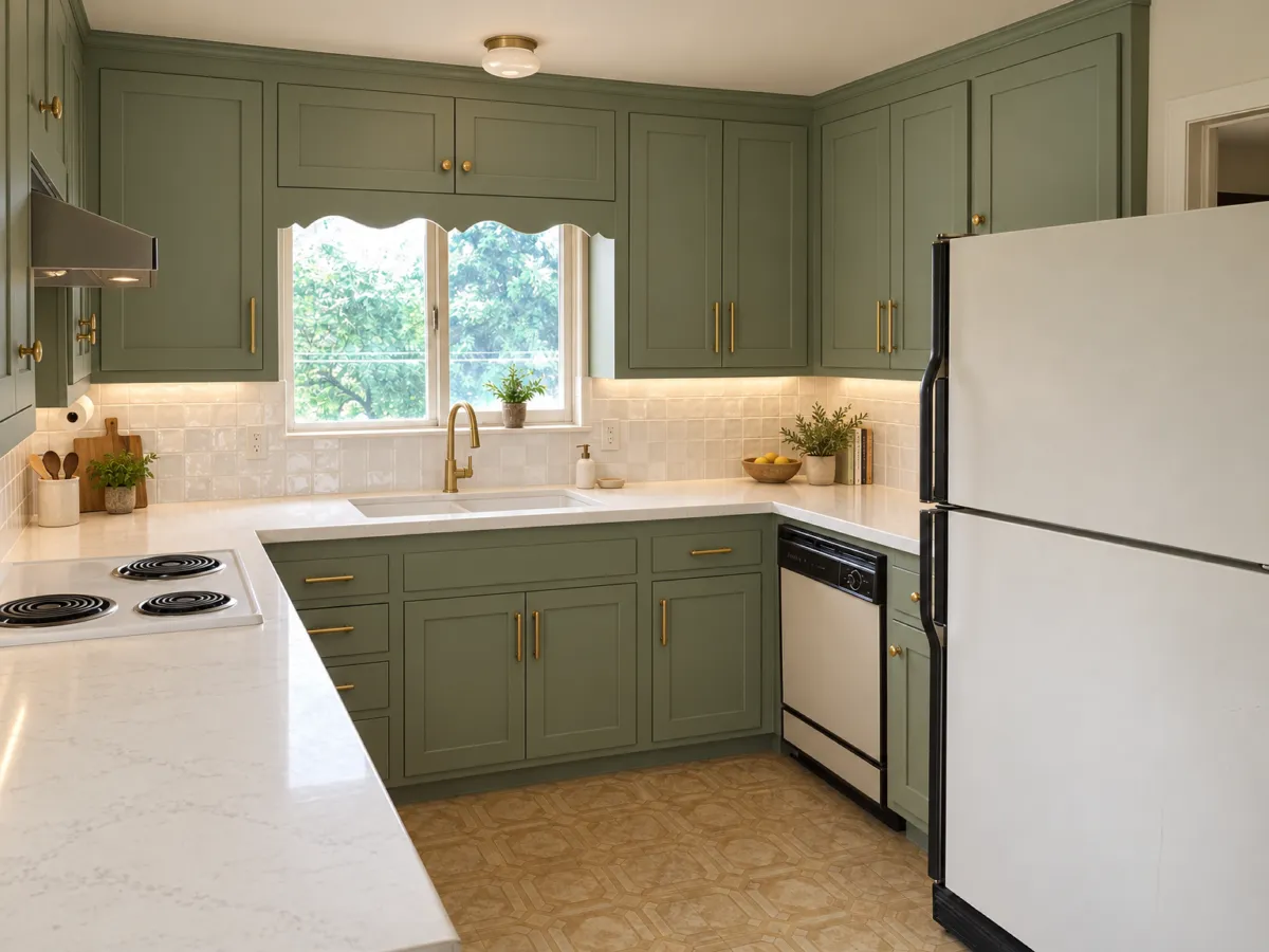Dated kitchen photo remodeled with new cabinets and countertop